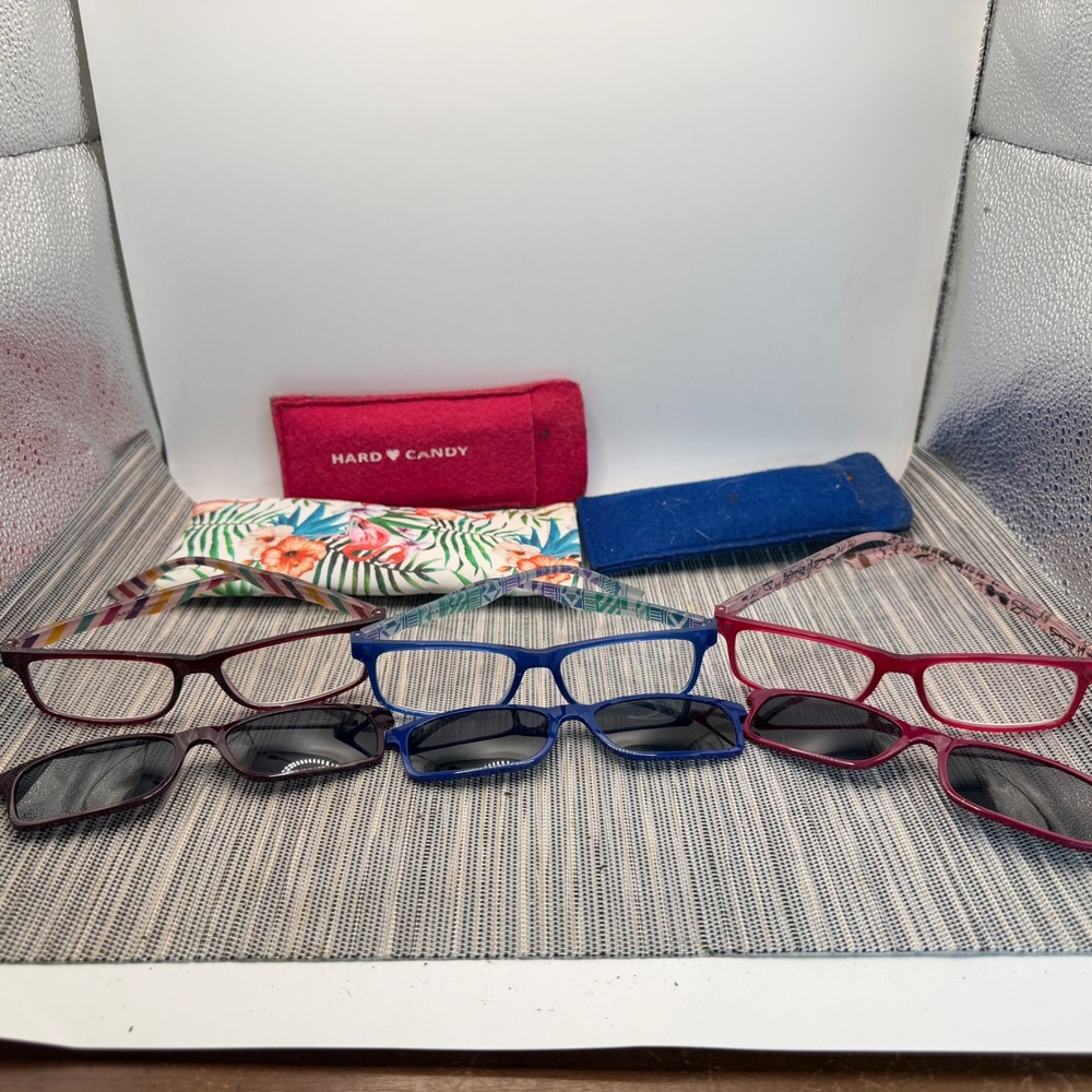 Hard Candy Reading Glasses Set 3 Pairs +1.50 Magnetic Sun Clips Cases Blue Pink